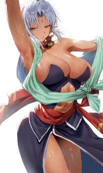 1girl absurdres bare_shoulders bindi black_dress breasts cleavage cross-laced_clothes dark-skinned_female dark_skin dress earrings eiyuu_densetsu facial_mark forehead_mark green_eyes grey_hair highres hoop_earrings jewelry large_breasts long_hair looking_at_viewer navel navel_piercing parted_bangs piercing rororo sash scherazard_harvey solo sora_no_kiseki