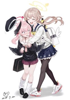 2girls absurdres bag black_bag black_hat black_pantyhose black_shirt black_wings blonde_hair blue_archive blue_sailor_collar blue_skirt blush bow cardigan closed_eyes feathered_wings hair_between_eyes halo hat head_wings hifumi_(blue_archive) highres holding holding_bag hug hug_from_behind koharu_(blue_archive) leg_warmers loafers long_hair low_twintails low_wings multiple_girls neckerchief open_mouth oto_jampan pantyhose pink_eyes pink_hair pink_halo pink_neckerchief pink_skirt pleated_skirt sailor_collar shirt shoes sidelocks single_bare_shoulder skirt sneakers twintails white_bag white_cardigan white_leg_warmers white_sailor_collar white_shoes wings yellow_bow yellow_halo