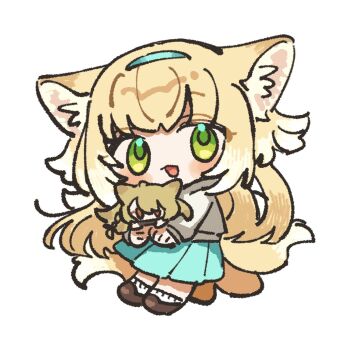 1girl animal_ears aqua_skirt arknights blonde_hair blue_skirt character_doll chibi doll fox_ears fox_girl fox_tail full_body green_eyes hairband highres kepi_0331 kitsune long_hair multicolored_hair official_alternate_costume simple_background skirt socks solo suzuran_(arknights) tail vulpisfoglia_(arknights) white_background white_hair white_socks