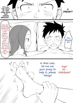 Rule 34 | 1boy, 1girl, bed, english text, feet, highres, karakai jouzu no takagi-san, monochrome, nishikata, takagi-san