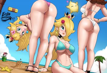 !? 3girls absurdres arm_support artist_name ass back bare_arms bare_legs bare_shoulders beach bent_over bikini black_choker black_footwear block_(object) blonde_hair blue_bikini blue_eyes blue_sky blush breasts brown_hair choker closed_eyes closed_mouth cloud coconut coconut_tree collarbone crown daisy_(flower) earrings echo_saber empty_block eyelashes flag flipped_hair floating flower from_behind glowing groin hair_flower hair_ornament hair_over_one_eye hands_on_own_hips hands_on_own_knees hands_up heart highres horizon huge_ass jewelry large_breasts leaf legs legs_together lips long_hair looking_at_viewer looking_up luma_(mario) mario_(series) medium_hair multiple_girls nail_polish navel nintendo no_socks nose ocean orange_lips outdoors palm_tree parted_lips pink_bikini pink_flower pink_lips pink_nails piranha_plant plant polka_dot princess_daisy princess_peach red_flag rosalina rotating_block sand sand_castle sand_sculpture sandals sharp_teeth shoulder_blades sitting sky smile standing star_(symbol) star_earrings starfish stomach strap_gap sunglasses super_mario_bros._1 super_mario_galaxy super_mario_land super_star_(mario) swimsuit teeth thighs tree warp_pipe wedgie white_bikini white_flower