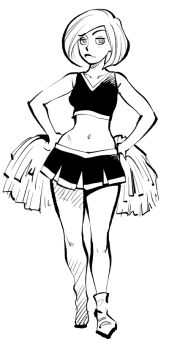 1girl ann_possible bare_legs bare_shoulders blush cheerleader closed_mouth collarbone disney female_focus full_body greyscale hands_on_own_hips kim_possible_(series) lips looking_at_viewer mature_female miniskirt monochrome navel pom_pom_(cheerleading) ramb_chop short_hair skirt sleeveless smile socks solo standing stomach swept_bangs wide_hips