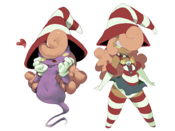 Rule 34 | 1girl, blush stickers, colored skin, commentary request, curly hair, dual persona, ghost tail, gloves, hair over eyes, hat, humanization, koki (ryoushikiha), long hair, mario (series), nintendo, open mouth, paper mario, paper mario: the thousand-year door, pink hair, purple skin, smile, striped clothes, striped hat, striped headwear, two-tone headwear, vivian (paper mario), white gloves, witch hat