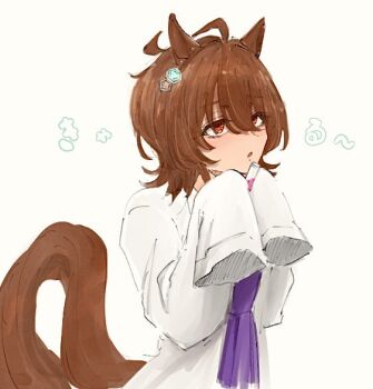 1girl agnes_tachyon_(umamusume) ahoge animal_ears begging brown_hair chemical_structure coat earrings hair_between_eyes hands_up horse_ears horse_girl horse_tail hydr051 jewelry lab_coat medium_hair open_clothes open_coat pleated_skirt purple_shirt purple_skirt red_eyes shirt shirt_tucked_in simple_background single_earring skirt sleeves_past_fingers sleeves_past_wrists solo tail thighhighs umamusume white_background white_coat wolf_cut
