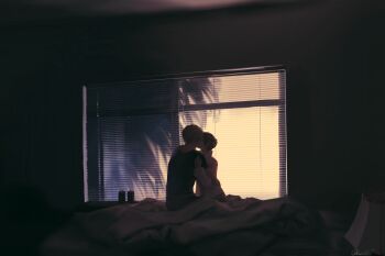 1boy 1girl ada_wong bed black_hair black_pants black_shirt blonde_hair can closed_eyes couple dark drink_can hand_on_another's_head hands_on_another's_shoulders hetero highres indoors kiss kurumi031212 lamp leon_s._kennedy long_sleeves on_bed pants resident_evil shadow shirt short_hair short_sleeves sitting t-shirt white_shirt wide_shot window window_blinds