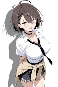 1girl arms_behind_back azur_lane baltimore_(after-school_ace)_(azur_lane) baltimore_(azur_lane) black_choker black_necktie black_skirt braid braided_bangs breasts brown_cardigan brown_hair cardigan cardigan_around_waist choker clothes_around_waist collared_shirt commentary_request cowboy_shot hair_between_eyes highres kazu_sasuki large_breasts looking_at_viewer loose_necktie miniskirt necktie official_alternate_costume partially_unbuttoned pleated_skirt school_uniform shadow shirt short_hair short_sleeves simple_background skirt solo sweater sweater_around_waist white_background white_shirt yellow_eyes