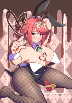 Rule 34 | breasts, chest jewel, core crystal (xenoblade), headpiece, large breasts, osora (judithandlilith), playboy bunny, pyra (xenoblade), red hair, red shorts, shorts, swept bangs, tiara, xenoblade chronicles (series), xenoblade chronicles 2