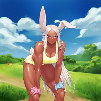 1girl absurdres animal_ears asymmetrical_gloves bare_shoulders boku_no_hero_academia breasts cleavage dark-skinned_female dark_skin dog fingerless_gloves gabriel_carrasquillo gloves hands_on_own_knees highres hunched_over large_breasts long_eyelashes long_hair looking_at_viewer mirko mismatched_gloves multicolored_nails nail_polish outdoors parted_bangs rabbit_ears rabbit_girl rabbit_tail red_eyes shiny_skin short_shorts shorts solo sports_bra sweat tail thick_thighs thighs toned white_hair yellow_shorts yellow_sports_bra
