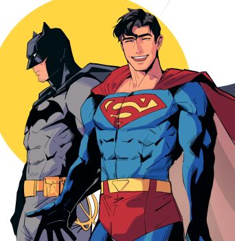 2boys batman batman_(series) batman_symbol belt black_cape black_hair bodysuit briefs cape chinese_commentary closed_eyes closed_mouth commentary_request covered_abs cowboy_shot cowl craziedbf dc_comics facial_hair highres looking_ahead male_focus male_underwear multiple_boys muscular muscular_male open_mouth parted_bangs pouch red_cape skin_tight standing stubble superhero_costume superman superman_(series) superman_logo teeth underwear upper_teeth_only utility_belt white_background yellow_belt yellow_circle