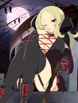 Rule 34 | 1girl, :p, ahoge, bare tree, bat (animal), bat wings, black boots, black capelet, black garter straps, black thighhighs, blonde hair, blue eyeshadow, blush, boots, breasts, capelet, cleavage, detached sleeves, eyeshadow, full moon, garter straps, goth fashion, grave, graveyard, hair ornament, hairclip, hanging, holding, holding scythe, holding weapon, large breasts, long hair, looking at viewer, makeup, mole, mole under mouth, moon, night, official art, one eye closed, parted bangs, purple capelet, red eyes, red ribbon, revealing clothes, ribbon, scythe, senran kagura, senran kagura new wave, senran kagura shinovi versus, shiki (senran kagura), smile, solo, thighhighs, tombstone, tongue, tongue out, tree, two-tone capelet, weapon, wings