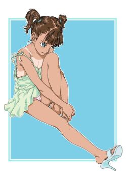 1girl blue_eyes brown_hair full_body high_heels mihoto_kouji one-piece_tan original outline own_hands_together panties pink_panties short_hair short_twintails skirt solo spaghetti_strap strap_slip tan tanline twintails underwear v_arms