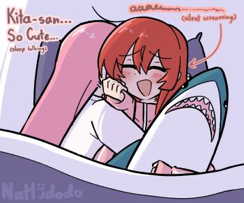 2girls :d absurdres blanket blush bocchi_the_rock! borrowed_clothes closed_eyes commentary english_commentary english_text gotoh_hitori hair_between_eyes hair_down highres hug hug_from_side ikea_shark jacket kita_ikuyo long_hair long_sleeves lying multiple_girls nattydodo_002 on_back on_side open_mouth pillow pink_hair pink_jacket red_hair shirt signature sleep_talking sleeping sleeves_past_wrists smile stuffed_animal stuffed_shark stuffed_toy track_jacket under_covers white_shirt yuri