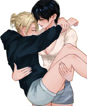 Rule 34 | 2girls, annie leonhart, arms around neck, black hair, black hoodie, blonde hair, breasts, carrying, cleavage, closed eyes, closed mouth, cokoupi, commentary, contemporary, english commentary, grey shorts, hair bun, hand on another's thigh, hand on another's waist, highres, hood, hoodie, large breasts, looking at another, mikasa ackerman, multiple girls, princess carry, shingeki no kyojin, short hair, shorts, simple background, white background, yuri