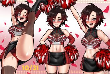 1girl black_footwear black_hair black_skirt black_thighhighs boots breasts cameltoe cheering cheerleader crop_top gradient_hair grey_eyes highres holding holding_pom_poms medium_breasts midriff multicolored_hair navel one_eye_closed open_mouth panties pom_pom_(cheerleading) pom_poms red_hair red_panties red_skirt ruby_rose rwby short_hair skirt tabletknight thighhighs two-tone_skirt underwear