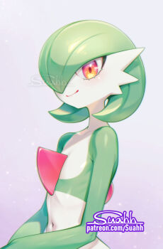 1girl artist_name blush bob_cut chromatic_aberration closed_mouth collarbone colored_skin female_focus flat_chest gardevoir gen_3_pokemon green_hair green_skin hair_over_one_eye happy highres light_blush looking_at_viewer multicolored_skin navel nintendo one_eye_covered own_hands_together pokemon pokemon_(creature) purple_background red_eyes shiny_skin short_hair signature simple_background smile solo standing stomach suahh two-tone_skin upper_body watermark web_address white_skin