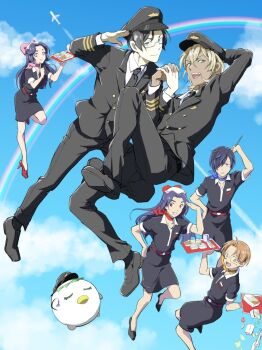 1girl 5boys aircraft airplane akutsu_mabu arm_up azuma_sara azuma_sara_(cosplay) black_hat black_jacket black_necktie black_pants black_shoes black_skirt brown_hair commentary_request cosplay crossdressing floating freckles grin hair_over_one_eye hat highres holding holding_tray index_finger_raised jacket jinnai_enta kappa keppi kuji_toi male_focus moyo_(inuchiyo) multiple_boys neck_ribbon necktie niiboshi_reo open_mouth pants peaked_cap pilot purple_hair rainbow red_eyes ribbon salut sarazanmai shoes short_hair skirt sky smile tan travel_attendant tray yaoi yasaka_kazuki