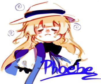 Rule 34 | 1girl, blonde hair, blue sash, character name, closed eyes, closed mouth, commentary, english commentary, facing viewer, hat, highres, karetokoi, long hair, phoebe (wuthering waves), sash, shirt, solo, white hat, white shirt, wuthering waves