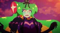 1girl animated anime_screenshot black_gloves blonde_hair blush bouncing_breasts breasts closed_eyes colored_skin cthulhu_(necronomico_no_cosmic_horror_show) cygames dress elbow_gloves eldritch_abomination gloves gradient_hair green_hair green_skin highres large_breasts mayusaka_mayu multicolored_hair necronomico_no_cosmic_horror_show possessed possession purple_dress red_eyes red_hair revealing_clothes smile sound star-shaped_pupils star_(symbol) symbol-shaped_pupils tagme upper_body video