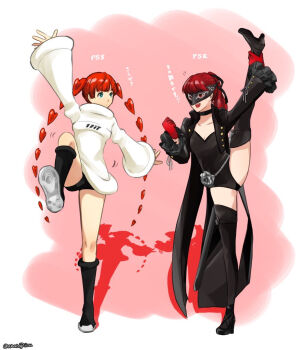 2girls :d anarogiizu arm_up black_jacket black_leotard black_mask black_shoes black_thighhighs blue_eyes boots breasts cleavage commentary_request detached_hair expressionless high_heels jacket knee_boots leotard long_hair long_sleeves looking_at_another mask multiple_girls open_mouth persona persona_5 persona_5_scramble:_the_phantom_strikers persona_5_the_royal ponytail red_eyes red_hair shadow shoes simple_background smile sophia_(p5s) split standing standing_on_one_leg standing_split thighhighs translation_request twitter_username violet_(persona_5) yoshizawa_kasumi