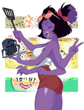 arthropod_girl black_hair bow commentary english_commentary extra_arms extra_eyes fangs hair_bow highres insect_girl looking_at_viewer medium_hair muffet onionsan open_mouth plate red_shorts sharp_teeth shorts snailbrunch spatula spider_girl sunglasses tank_top teeth undertale utdr_(toby_fox) v white_tank_top
