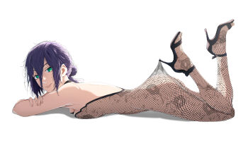 1girl absurdres ass big_chunger black_choker breast_press breasts chainsaw_man choker feet_up floral_print_pantyhose green_eyes hair_between_eyes hair_bun high-waist_pantyhose high_heels highres hooked_on_heel lace_pantyhose lace_pantyhose_hooked_on_heel_(meme) lying meme on_stomach only_pantyhose pantyhose pantyhose_tug purple_hair reze_(chainsaw_man) simple_background small_breasts solo the_pose white_background