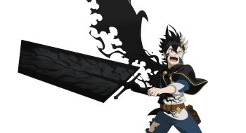 1boy absurdres asta_(black_clover) aura black_bulls_(emblem) black_capelet black_clover black_clover_m:_rise_of_the_wizard_king black_hair black_headband black_wings blue_pants capelet dark_aura green_eyes headband heterochromia highres holding holding_sword holding_weapon huge_weapon incredibly_absurdres male_focus multicolored_hair non-web_source official_art open_mouth pants red_eyes short_hair simple_background single_wing solo split-color_hair sword teeth torn_clothes torn_pants transparent_background two-tone_hair weapon white_hair wings