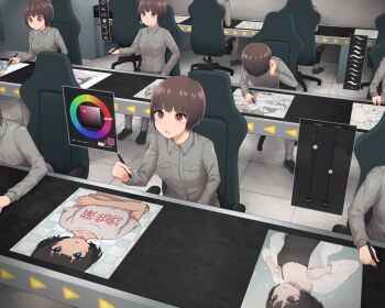 6+girls art_program_in_frame black_camisole black_hair blue_eyes breast_pocket breasts brown_eyes brown_hair camisole chair checkered_background collared_shirt color_picker commentary dialogue_box drawing_(action) drawing_(object) dress_shirt floating_screen grey_pants grey_shirt holding holding_stylus long_sleeves looking_down looking_up multiple_girls multiple_persona office_chair on_chair open_clothes open_shirt original overshirt pants parted_lips pocket production_line seal_script shirt short_hair sitting small_breasts stylus swivel_chair t-shirt tile_floor tiles translated user_interface white_shirt working yajirushi_(chanoma)