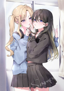 Rule 34 | 2girls, absurdres, black hair, blonde hair, blush, commentary request, ear piercing, earrings, face-to-face, grabbing another's hair, gyaru, hair ornament, hairclip, hand on another's face, hane yuki, heart, highres, holding another's hair, jewelry, long hair, long sleeves, multicolored hair, multiple earrings, multiple girls, multiple piercings, nail polish, open mouth, original, piercing, pleated skirt, purple eyes, purple nails, rabbit hair ornament, sailor collar, school uniform, shirt, skirt, spoken heart, spoken x, star (symbol), star earrings, two-tone hair, yuri