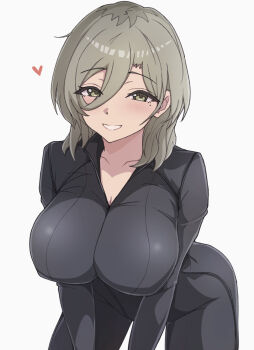 Rule 34 | 1girl, biker clothes, bikesuit, black bodysuit, bodysuit, breasts, brown eyes, cleavage, covered erect nipples, girls band cry, hair between eyes, hanekuri (nnainain), heart, highres, large breasts, long hair between eyes, looking at viewer, medium hair, mole, mole under eye, open mouth, rupa (girls band cry), simple background, solo, white background