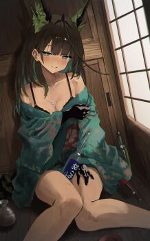 1girl absurdres arknights bare_shoulders black_bra black_hair black_skin blush bottle_between_thighs bra bust_cup closed_mouth colored_inner_hair colored_skin commentary_request fingernails green_eyes green_hair green_kimono highres japanese_clothes kimono long_fingernails looking_at_viewer mon3tr_(arknights) multicolored_hair multicolored_skin obi red_sash sash shikyou_yoru smile solo tongue tongue_out two-tone_hair underwear