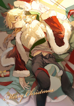 Rule 34 | 1boy, absurdres, aether (genshin impact), antlers, blonde hair, box, braid, commentary request, earrings, genshin impact, gift, gift box, highres, horns, jewelry, lizi cai, long sleeves, looking at viewer, male focus, merry christmas, navel, one eye covered, open mouth, open pants, pants, reindeer antlers, ribbon, single braid, single earring, solo, turtleneck, yellow eyes
