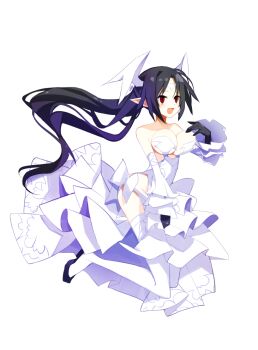 1girl bare_shoulders black_hair breasts choker cleavage collarbone detached_sleeves disgaea disgaea_6 dress earrings head_wings heart heart_earrings highres jewelry large_breasts long_hair makai_senki_disgaea_6 melodia_(disgaea) pointy_ears red_eyes smile solo white_dress white_neckwear white_sleeves wings