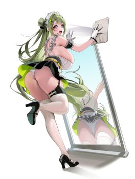 1girl :d absurdres antenna_hair ass black_shoes breasts cleaning_rag full-length_mirror gloves goddess_of_victory:_nikke green_hair hido_(cherryhido) high_heels highres large_breasts long_hair looking_at_viewer maid maid_headdress mirror open_mouth panties pantyshot purple_eyes reflection shoes sideboob smile soda_(nikke) solo standing standing_on_one_leg thighhighs underwear white_gloves white_panties white_thighhighs
