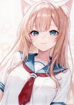 1girl absurdres animal_ear_fluff animal_ears blonde_hair blue_eyes breasts cat_ears cat_girl commentary_request double-parted_bangs highres long_hair looking_at_viewer mannmaruu medium_breasts original painting_(medium) school_uniform serafuku signature smile solo traditional_media upper_body watercolor_(medium)