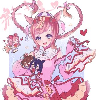 >_< 4girls :d agnes_digital_(lovely_jiangshi)_(umamusume) agnes_digital_(umamusume) agnes_tachyon_(umamusume) animal_ears black_hair blue_eyes blush_stickers bow braid brown_eyes brown_hair commentary_request detached_sleeves double_bun hair_bow hair_bun hat heart highres horse_ears horse_girl horse_tail jiangshi_costume kk_(pixiv_83235599) long_hair long_sleeves looking_at_viewer manhattan_cafe_(umamusume) multiple_girls official_alternate_costume ofuda open_mouth pink_bow pink_hair pleated_skirt qingdai_guanmao school_uniform skirt smile solo tail tail_wagging tracen_school_uniform twin_braids umamusume xd yellow_eyes