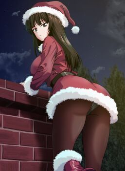 1girl absurdres belt black_belt boots brown_eyes brown_hair brown_pantyhose commentary_request dress evening expressionless fur-trimmed_dress fur-trimmed_headwear fur_trim girls_und_panzer hat highres kamishima_kanon long_hair long_sleeves looking_at_viewer looking_back night nishizumi_shiho pantyhose puffy_long_sleeves puffy_sleeves red_boots red_dress red_hat santa_costume santa_hat solo