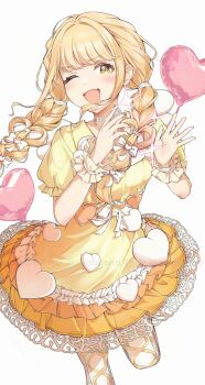 1girl ;d balloon blonde_hair braid commentary_request dress fang frilled_sleeves frills fujita_kotone gakuen_idolmaster hair_ribbon heart heart-shaped_hair heart_balloon heart_ornament highres idolmaster looking_at_viewer official_alternate_costume one_eye_closed open_mouth puffy_short_sleeves puffy_sleeves ribbon short_sleeves simple_background skin_fang smile solo standing standing_on_one_leg syobonira twin_braids white_background white_ribbon yellow_dress yellow_eyes
