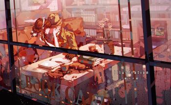 1boy 1girl black_gloves black_hair blonde_hair book bookshelf cafe chaoxibumian couple dress fedora gloves hairband hat hetero highres jacket kiss long_hair open_book short_hair sidelocks sitting spy_x_family suit_jacket twilight_(spy_x_family) updo vase white_dress white_hairband yor_briar