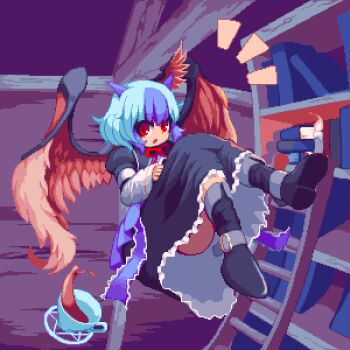 1girl bird_wings bookshelf boots cup curiosities_of_lotus_asia horns multicolored_hair pixel_art red_eyes teacup tokiko_(touhou) touhou wings yado_taityou