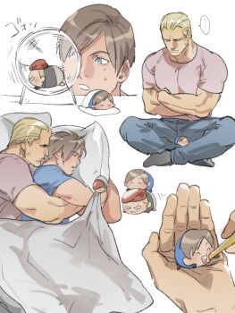 ... 2boys bara bed blonde_hair blue_eyes blue_shirt brown_hair chibi closed_eyes couple hug indian_style jack_krauser large_pectorals leon_s._kennedy looking_at_another lying male_focus multiple_boys muscular muscular_male on_bed on_side pectorals pink_shirt resident_evil resident_evil_4 resident_evil_4_(remake) shirt short_hair sitting sleeping tatsumi_(psmhbpiuczn) yaoi