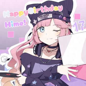 Rule 34 | 1girl, anyoji hime, blue eyes, character age, choker, closed mouth, commentary request, happy birthday, hat, headphones, headphones around neck, heart, heart necklace, highres, jewelry, link! like! love live!, long hair, looking at viewer, love live!, necklace, nyao signyal, off-shoulder shirt, off shoulder, official alternate costume, one eye closed, pink hair, purple hat, purple shirt, shirt, sio pasta, solo, split mouth