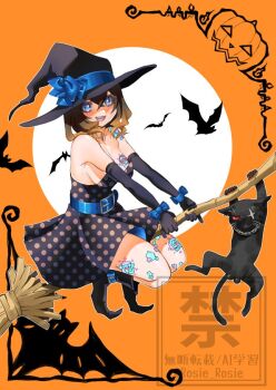 1girl bare_shoulders bat_(animal) black_dress black_hat bloodstained:_ritual_of_the_night bloodstained_(series) blue_eyes breast_tattoo broom broom_riding brown_hair cat dress full_body hat leg_tattoo medium_hair miriam_(bloodstained) open_mouth orange_background rosie_rosie shoulder_tattoo simple_background solo strapless strapless_dress tattoo watermark witch witch_hat