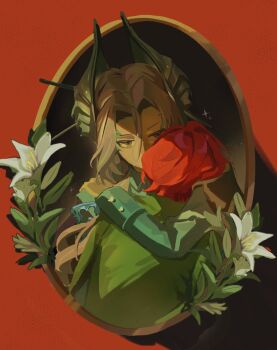 2girls arm_around_neck blue_jacket cape facing_away flower from_behind green_cape grey_eyes grey_hair hair_ornament head_on_another's_shoulder highres jacket lily_(flower) long_toi_tan_nat_khi_nhan_ra_toi_la_gay looking_at_viewer marsha_(reverse:1999) multiple_girls oval_image red_background red_hair reverse:1999 sentinel_(reverse:1999) upper_body white_flower yuri