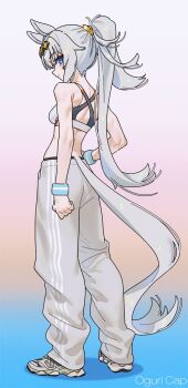 1girl animal_ears breasts character_name closed_mouth commentary diamond_hairband from_behind full_body gradient_background grey_hair grey_pants grey_tail highres horse_ears horse_girl horse_tail long_hair looking_at_viewer medium_breasts midriff oguri_cap_(umamusume) pants ponytail sarcophage sideways_glance simple_background solo sports_bra standing tail umamusume white_sports_bra wristband