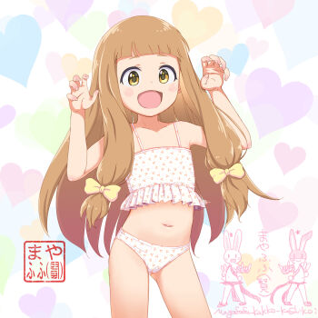 bikini blush brown_hair cameltoe cherry_print flat_chest food_print fruit_print loli mayafufu midriff original swimsuit tagme text_focus thighs