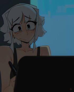 1girl bare_shoulders black_tank_top blurry blurry_foreground closed_mouth drawing_tablet grawlix_(shibansfw) grey_eyes grey_hair highres holding holding_stylus indoors looking_at_viewer night original raised_inner_eyebrows shibansfw short_hair smile solo stylus tank_top upper_body
