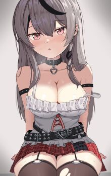 Rule 34 | 1girl, belt, breasts, camisole, cleavage, collar, earrings, enjin irasuto, frilled skirt, frills, grey hair, highres, hololive, jewelry, large breasts, miniskirt, multiple earrings, off-shoulder, pink eyes, red skirt, sakamata chloe, sitting, skirt, solo, sweat, thighhighs, thighs, virtual youtuber, white camisole, zettai ryouiki