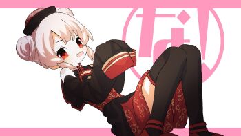 1girl :d black_dress black_thighhighs blonde_hair chinese_clothes detached_sleeves double_bun dress fang hair_bun hands_up hat highres jiangshi_costume knees_up long_sleeves looking_at_viewer natori_sana natori_sana_(jiangshi) official_alternate_costume open_mouth qingdai_guanmao red_eyes red_shoes sana_channel shinbashi_seiji shoes short_hair sitting sleeves_past_fingers sleeves_past_wrists smile solo thighhighs virtual_youtuber white_background