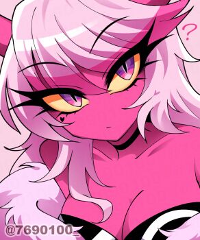 1girl ? bare_shoulders black_choker black_shirt breasts choker cleavage closed_mouth collarbone colored_sclera colored_skin commentary_request demon_girl demon_horns expressionless eyelashes facial_mark frown hair_between_eyes heart heart_facial_mark hellaverse helluva_boss highres horns leaning_forward long_hair looking_at_viewer medium_breasts menattou multicolored_eyes no_nose pink_background pink_eyes pink_hair pink_horns pink_skin purple_eyes raised_eyebrows shirt simple_background slit_pupils solo strapless strapless_shirt swept_bangs tsurime twitter_username two-tone_eyes two-tone_shirt upper_body verosika_mayday white_shirt yellow_sclera