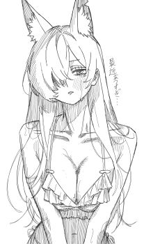 1girl absurdres animal_ear_fluff animal_ears bare_shoulders bikini blue_archive blush breasts cleavage collarbone commentary_request dog_ears dog_girl frilled_bikini frills greyscale hair_over_one_eye highres kani_ka_nanika kanna_(blue_archive) large_breasts long_bangs long_hair monochrome navel parted_lips simple_background solo sweatdrop sweater swimsuit translation_request very_long_hair white_background